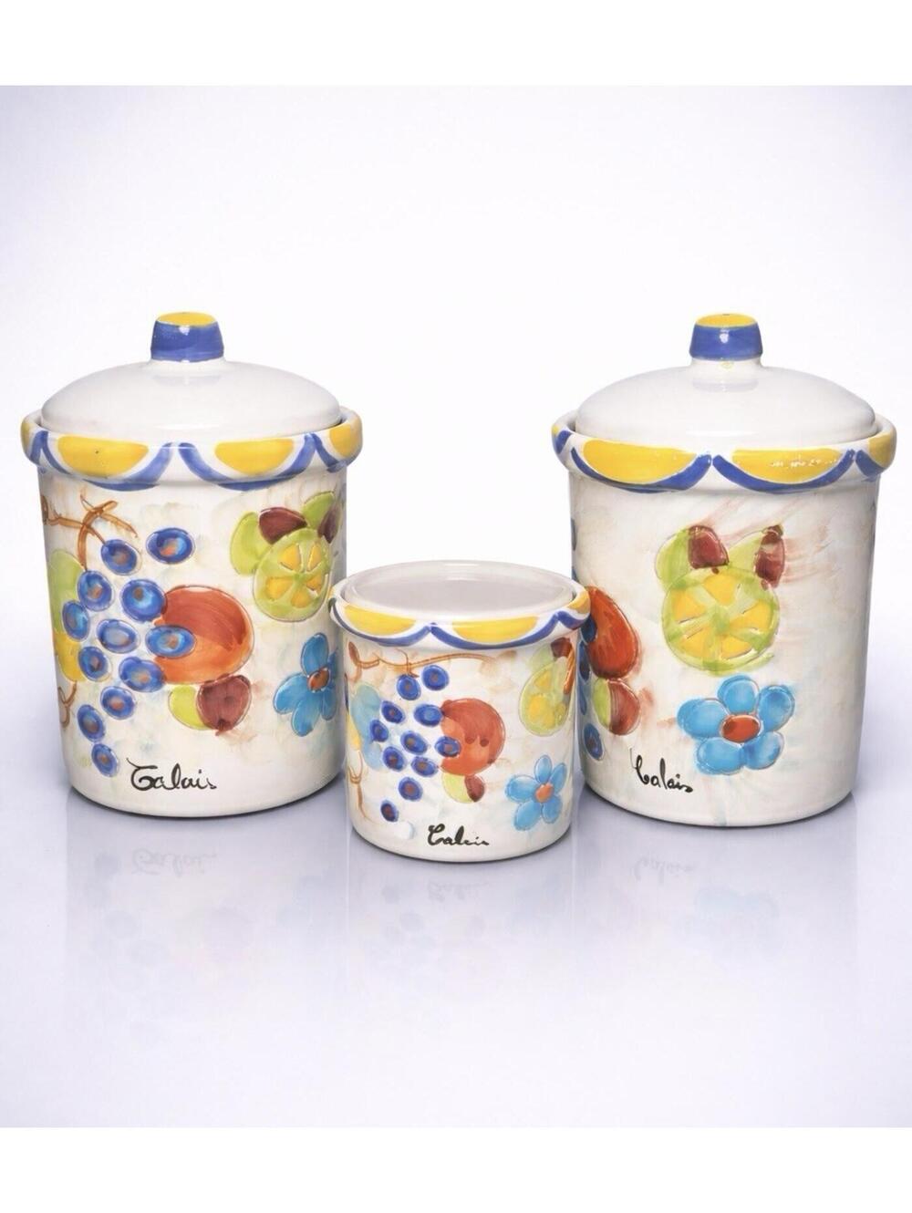 Himark Portugal 1980s 3 Calais Ceramic Terracotta Hand-Painted Fruit Canister